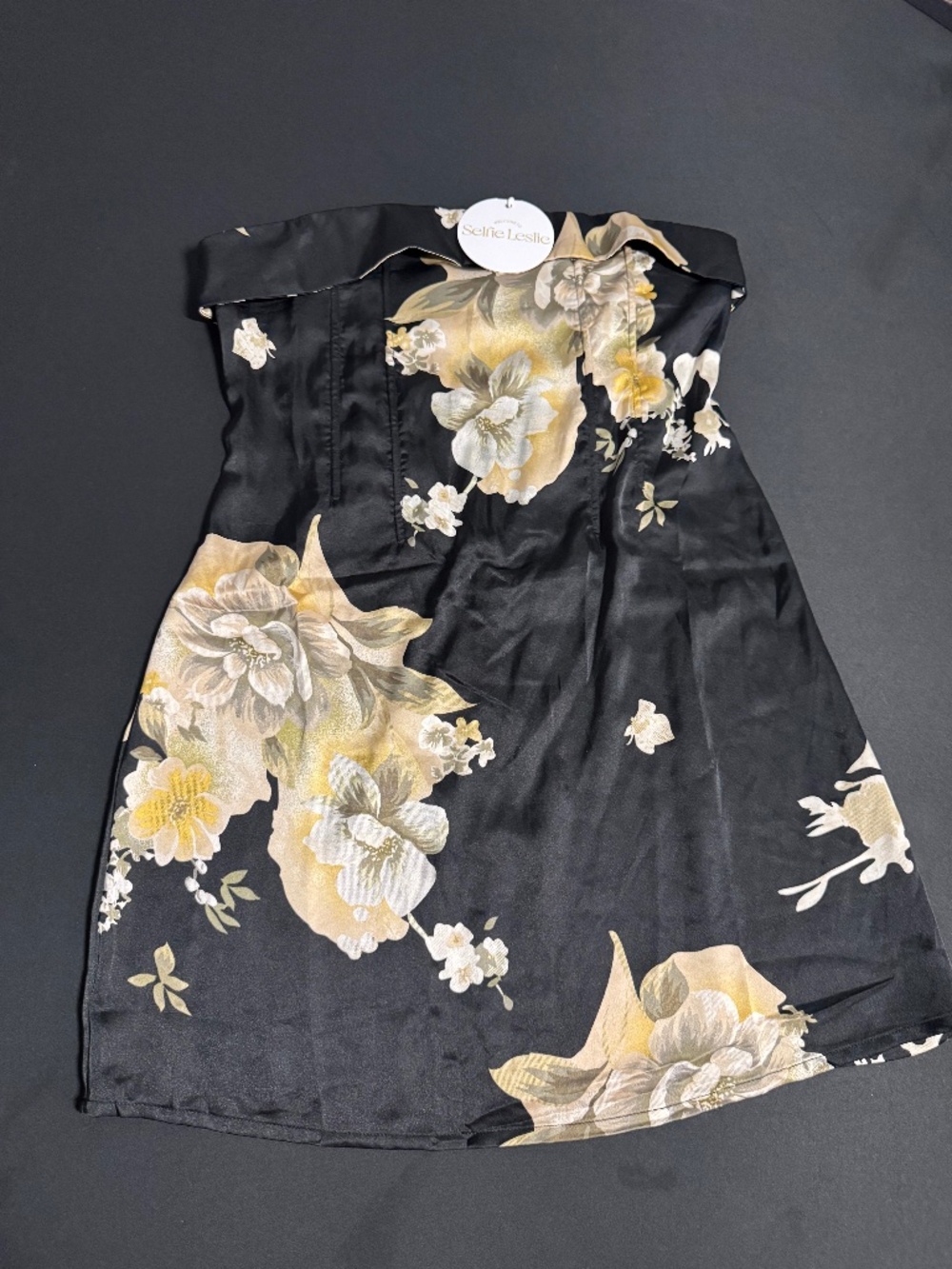 NWT Selfie Leslie Black Floral Satin Corset Mini Dress Size L